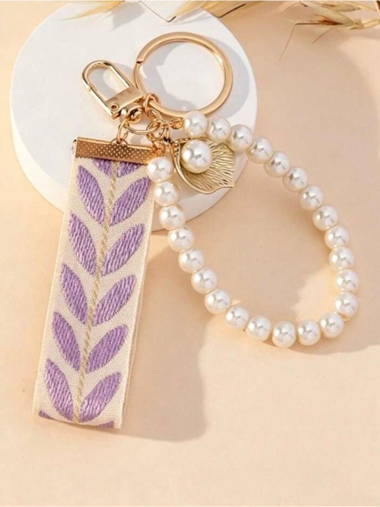 Amazon Accessories - Amazon Lavender Embroidered Pearl Wristlet Keychain with Gold Hardware